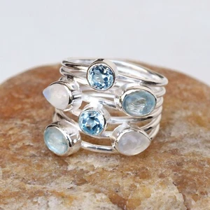 Aquamarin Mondstein Blautopas Ring 925 Sterling Silber Multi Stein Ring - HR061 - Bild 1 von 5