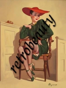 P039 Portrait A4 Pinup sexy Mädchen im grünen Kleid und roten Hut Gil Elvgren - Bild 1 von 1