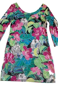 Tori Richard Scoop Neck Dress Floral Parrots Tropical 3/4 Sleeve Size Medium - Picture 1 of 11