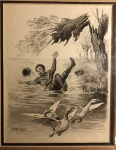 De colección. Jan Suhl Litografía Niño Marinero Cayendo en Agua Gansos Árboles Rotos 9.5 X 11.5 E1 - Imagen 1 de 3