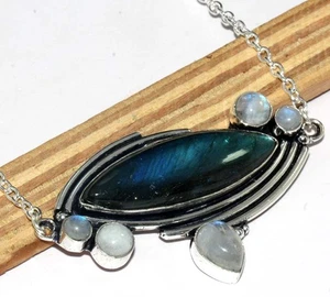Most Beautiful Fiery Labradorite Rainbow Moonstone Necklace Size 17" GW - Picture 1 of 3