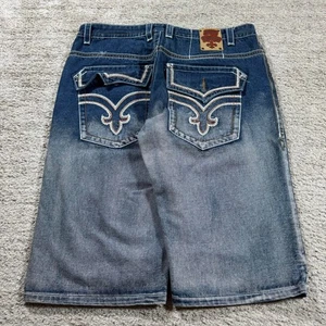 Grunge Emo Baggy Y2K 2000’s Embroidered RockRevival Navy Denim Jean Shorts Jorts - Bild 1 von 6