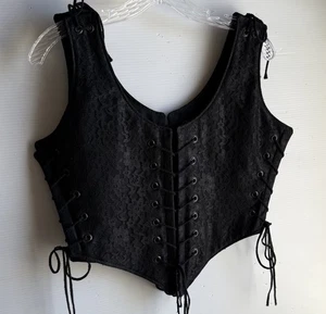 Vintage Black Lace Floral Lace Up Corset Bustier Top Gothcore Medieval Unisex M - Picture 1 of 9