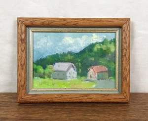 Pequeño paisaje de verano con casas, campo de los Cárpatos, aceite original - Imagen 1 de 9