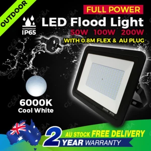 Genuine Full Power LED Flood Light 50W 100W 200W AU Plug Floodlight 240V IP66 - Picture 1 of 8