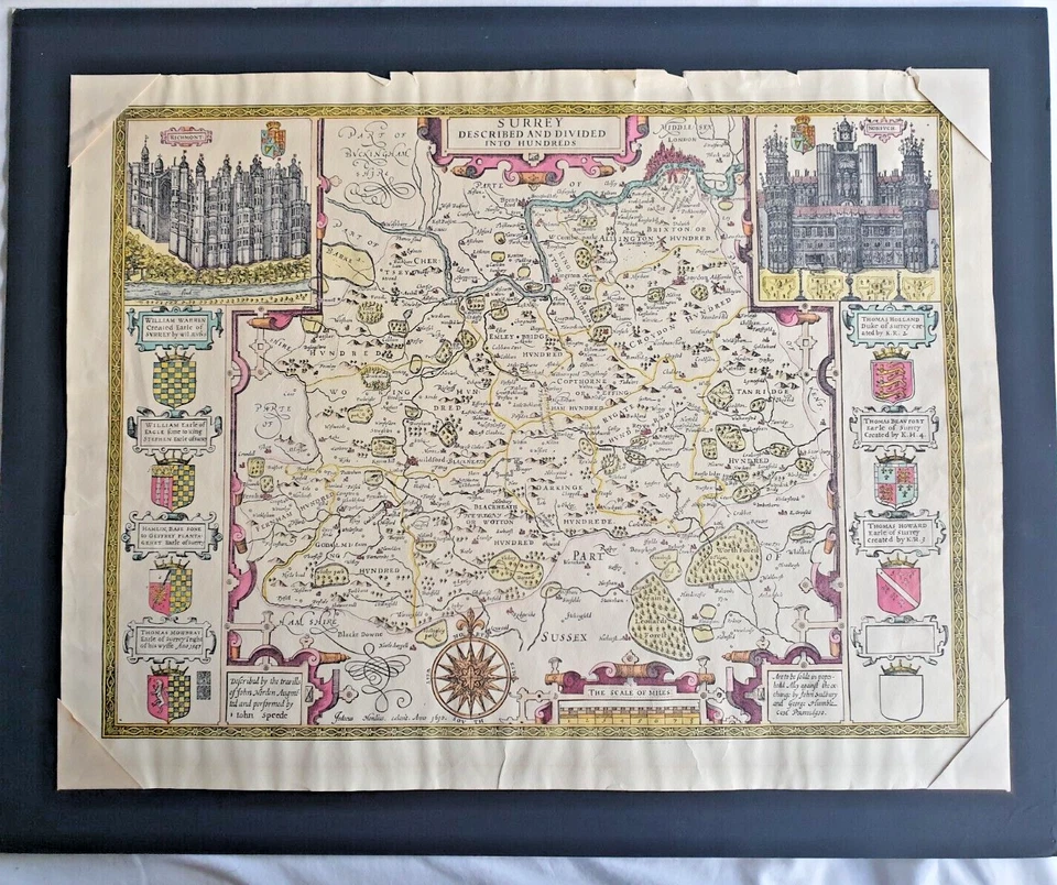 John Speed Map of Surrey - 64 x 47 cm Hand-Colored #ListingsInLights - Image 1 of 4