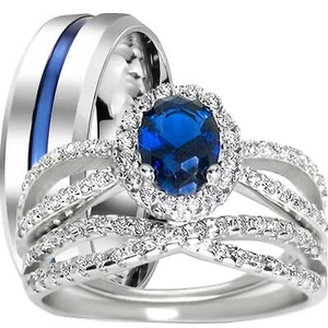 His Her Silver Steel TRIO Wedding Ring Set - Picture 1 of 7