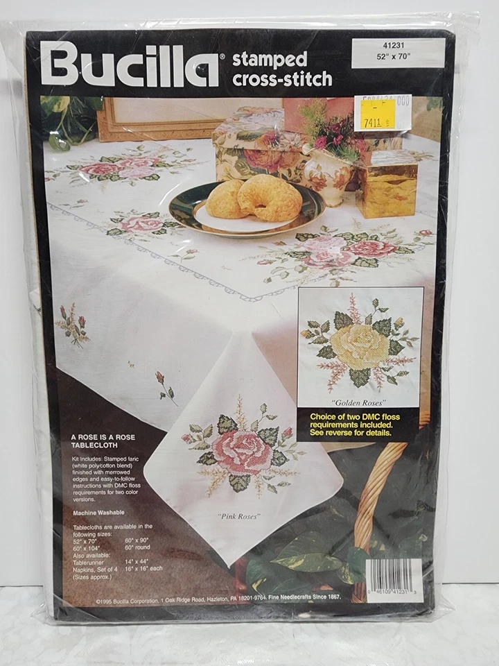 Bucilla Stamped Cross Stitch Tablecloth "A Rose is a Rose 52" x70" Kit w/floss - Image 1 of 4