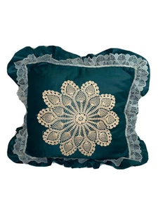 Hunter Green Throw Pillow Vintage w/Floral Shaped Doily Ruffles Country Decor - Picture 1 of 4