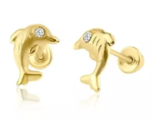 Solid 14K Gold Dolphin Post Earrings Screw back. Genuine. - Picture 1 of 3