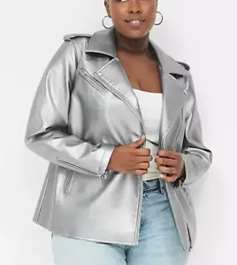 NEW LANE BRYANT SILVER FAUX LEATHER MOTO JACKET COAT SZ 18/20 - Picture 1 of 7