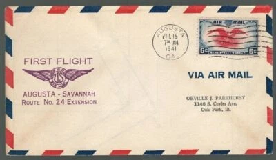 Primera cubierta de vuelo de Estados Unidos American Air Augusta Georgia a Savannah 1941 US Scott c23 Foto 1 de 3