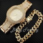 Men Hip Hop Gold Pt Watch & Iced Cuban Bracelet & Crowned King 24" Necklace