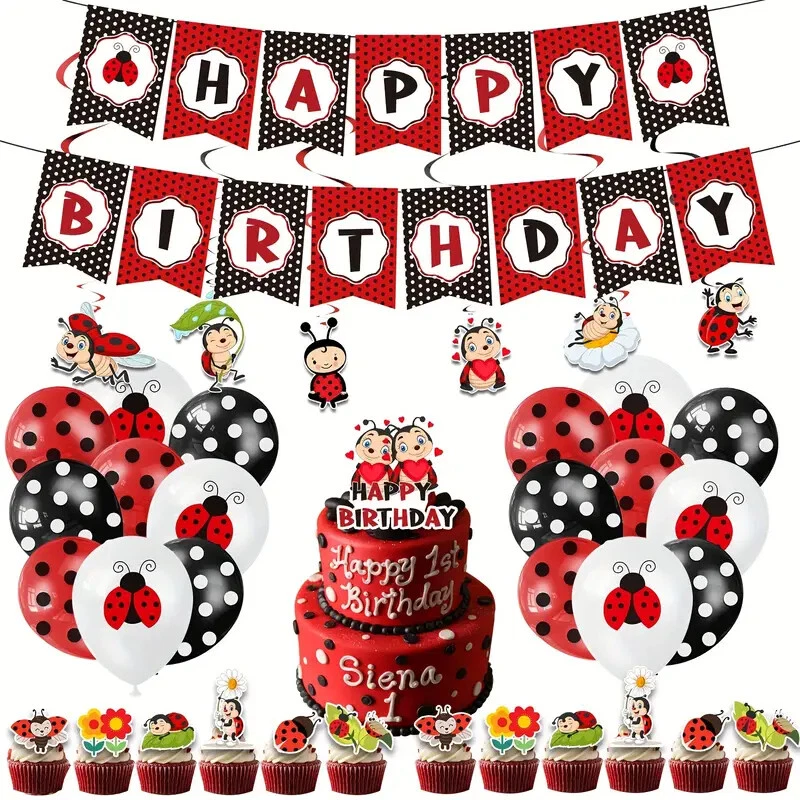 Conjunto de balões banners decoração bolo festa de aniversário tema LADYBUG LADYBIRD - Imagem 1 de 1