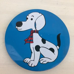 SPOTTED DOG PINBACK - Vtg Mid-Century 3.25” Blue Metal Button, Plaid Scarf  - Picture 1 of 3