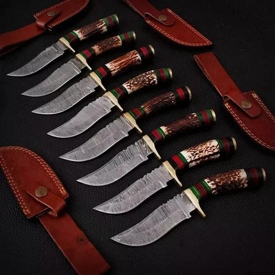 Lot of 20, 8 Inches Handmade Damascus Steel Skinner Knives Stag Handle W/Sheaths - Image 1 of 4