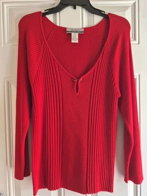 NINE & COMPANY Rib Knit Top - Wide V-Neck w/Keyhole, Long Sleeves,  Varied Ribs - Image 1 of 4