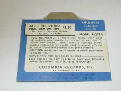 Aguja de osmio Columbia P-2TPA 33/45/78 RPM para cartucho Philco 45-9612 76-4649 Foto 1 de 3