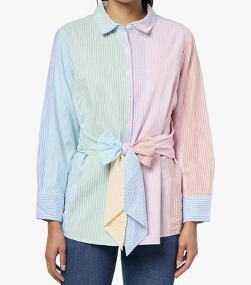 Blusa Tommy Hilfiger Mujer M Rayas Bloques de Color Corbata Botón Frontal 100% Algodón Foto 1 de 4