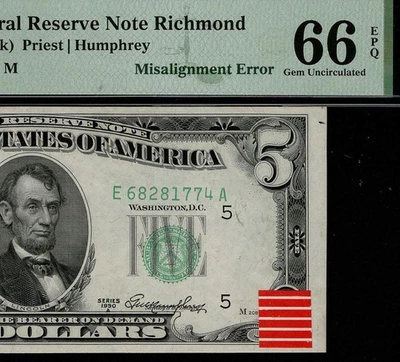 Shifted Third Printing Error Fr. 1962-E $5 1950A Rejection Sticker PMG 66 EPQ - Image 1 of 3