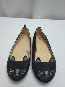 QUPID 8M Black Faux Suede With Embroidered Cat Faces Slip On Flats Loafers Cute! - Picture 1 of 9
