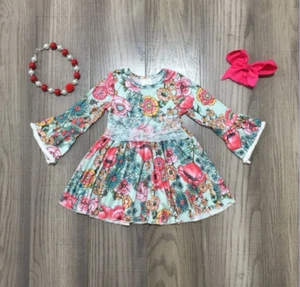 NEW Boutique Girls Floral Bell Sleeve Dress - Picture 1 of 4