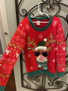 Ugly Christmas sweater Reindeer Sunglasses Santa Hat Red Green Sequins 7 / 8 M - Picture 1 of 2
