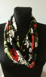 handmade cowl, snood, neck warmer, scarf, black and red rose print, silky knit - Picture 1 of 7