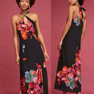 Anthropologie Maeve Women 100% Cayman SILK Dress medium Black Floral Maxi 0437 - Bild 1 von 8