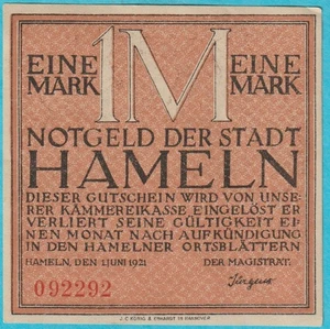Hameln 1921 Deutschland Notgeld 1 Mark Schein 092292 - Bild 1 von 2
