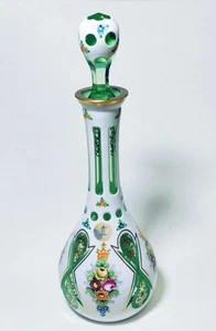 Bohemian CZECH Cased Glass White Cut To Green 16" WINE DECANTER Label - Picture 1 of 9
