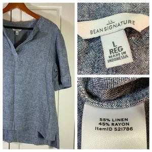 LL Bean Signature Linen Rayon Blend Women's Top Tunic Shirt Size L Blue - Picture 1 of 13