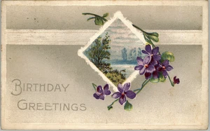 AK Geburtstag Grüße lila Blumen Seeufer geprägt Vintage verschickt - Bild 1 von 2