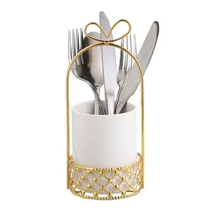 Weißer Keramik Silberbesteckhalter mit goldener Metallhalterung für Tafelbesteck - Bild 1 von 9