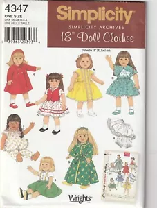 Simplicity Pattern 4347 Dress, Petticoat, Robe, PJ's, Hat 18" Doll Wardrobe - Picture 1 of 1