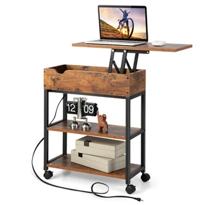 Lift Top End Table W/ Mobile Bedside Charging Station Storage Shelves Wheels - Picture 1 of 9
