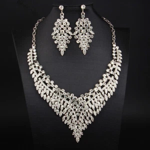Vintage Rhinestone Necklace Earrings Statement Women Party Jewelry Set Accessory - Picture 1 of 19