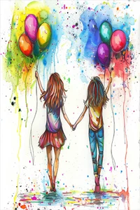 GRUSSKARTE ZUM GEBURTSTAG 5,5X4,25 Umschlag REGENBOGEN LUFTBALLONS FREUNDINNEN GLÜCKLICH - Bild 1 von 1