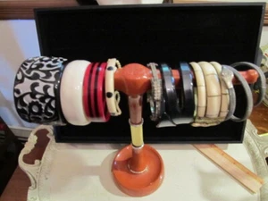 Vintage to Now Old Plastic Rhinestone Moonglow Metal Snake Wrap Bangle Bracelets - Picture 1 of 6
