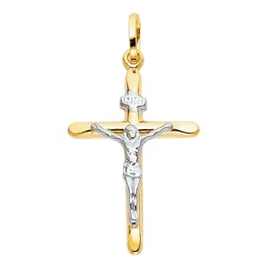 14K Yellow and white gold 2 tone Crucifix Cross Religious Pendant - Picture 1 of 12