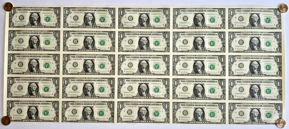 $1 One Dollar Bills Uncut Currency Sheet of 25 Notes 2017 Washington DC - $25 - Image 1 of 1