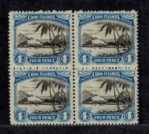 Cook Islands 1932 Sc 88b 4d Black & Bright Blue Block of 4 VF MOG NH Perf 14x13 - Picture 1 of 2