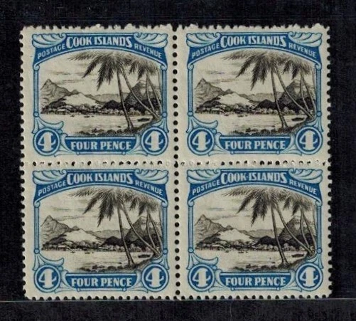 Islas Cook 1932 Sc 88b 4d Negro y Azul Brillante Bloque de 4 VF MOG NH Perf 14x13 Foto 1 de 2