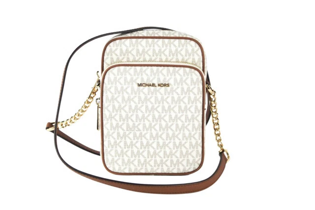 Michael Kors Jet Set Travel Signature PVC Medium Logo Chain Crossbody Flight Bag - Vanilla