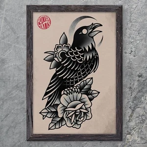 Old School Crow & Rose - Traditional Flash Tattoo Art Print - Bild 1 von 3