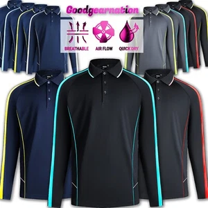 Men Polo Shirts Long Sleeve Quick Dry Golf Sport Casual 11 colours Contrast - Picture 1 of 42