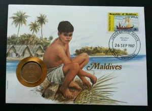 [SJ] Maldives Islands & Beaches 1987 Sailboat Art Craft Culture FDC (coin cover) - Picture 1 of 5