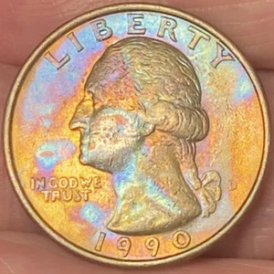 1990 D Washington Quarter Beautiful Lustrous Gold/Rainbow Toned Coin  #6 - Picture 1 of 12