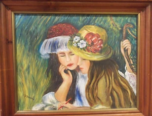 Original Firmado Pintura al Óleo Hermanas Bestfriends en Sombreros Elegantes Nuevo Arte enmarcado - Imagen 1 de 6