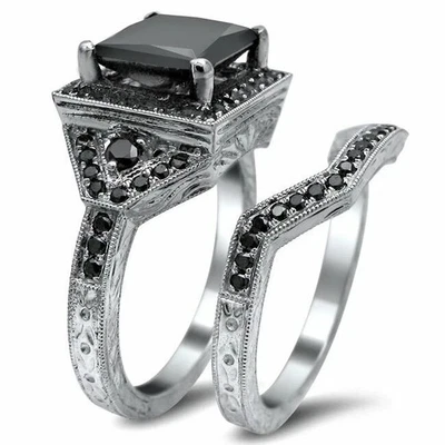 Princess Black Lab Created Diamond Stylish Bridal Set Ring Band White GoldPlated - Image 1 of 4